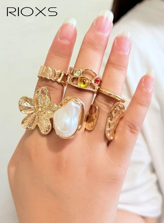 RIOXS Women's Gold Ring Set of Five, Baroque-inspired Open-Back Adjustable Bands, Set with Cultured Pearls and Crystal Gemstones, Crafted Exclusively for Ladies, Floral Openwork Bohemian Ring Set with Natural Textured Bands, Perfect for Evening Parties and Artistic Layered Looks - Image 2